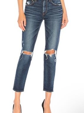 Moussy Denim Dark Blue Ripped Ankle Crop Jeans